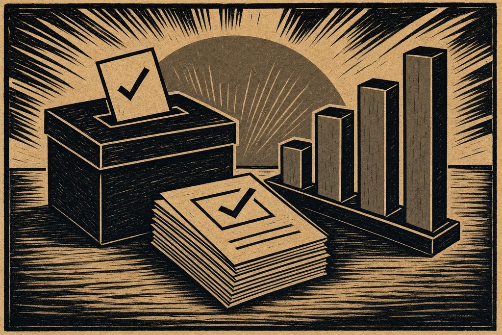 A ballot box, a stack of ballots, and a simple vote-count chart