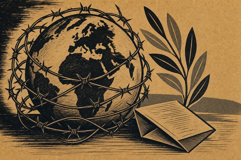 A world globe wrapped in barbed wire beside an olive branch and a folded document