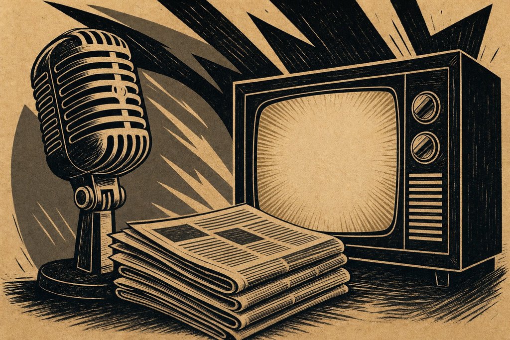 An old-style microphone and a stack of folded newspapers beside a television frame