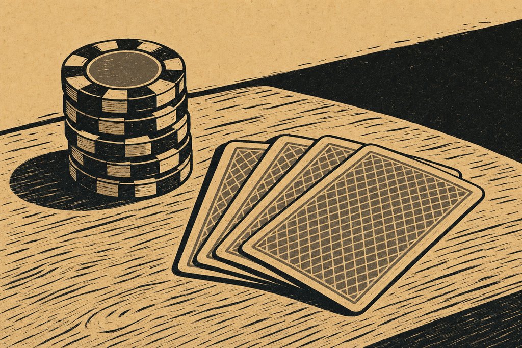 A short stack of poker chips beside a few playing cards fanned out showing their patterned backs