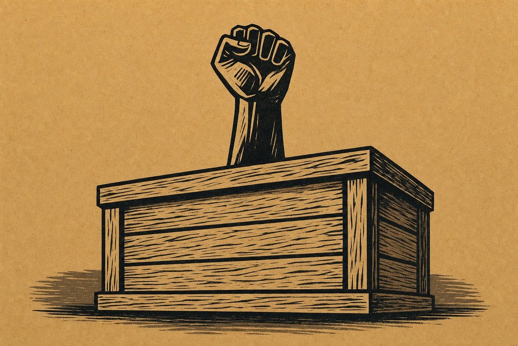 A wooden soapbox crate with a raised fist silhouette rising above it